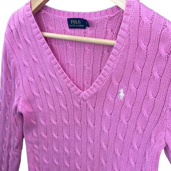 Polo Ralph Lauren Pink V Neck Cable Knit Sweater Women Medium - Picture 3 of 9